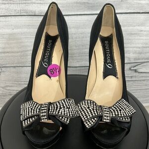 Black silk rhinestone bow pumps